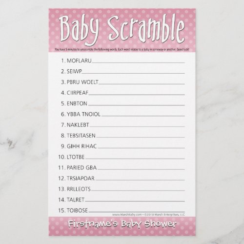 Baby Shower Game _ Pink Polka Dots Word Scramble