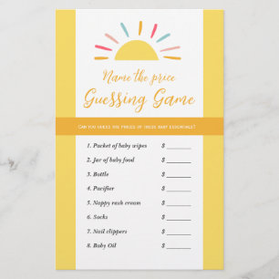 Baby Shower game sheet guess price, Sun Miracle