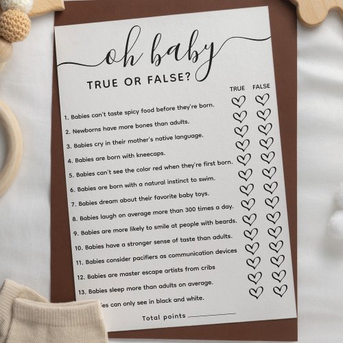 Baby Shower Game True or False Trivia with Answers Invitation