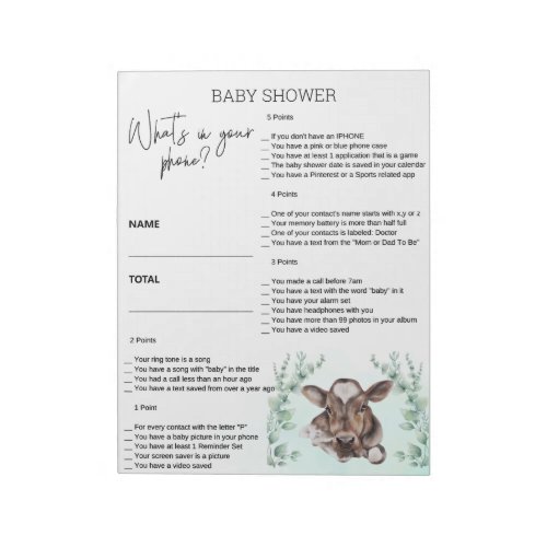Baby Shower Game Whats in your Phone Cow Notepad
