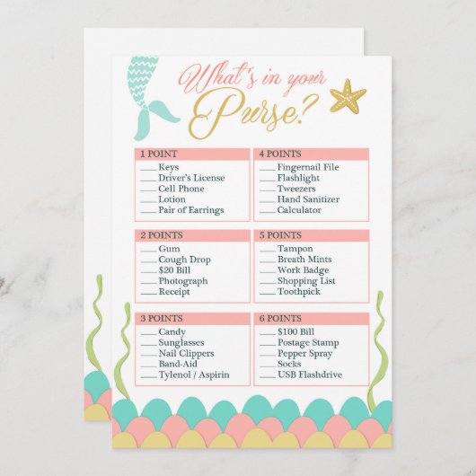 Baby Shower Game Whats in Your Purse Mermaid Coral (Front/Back)