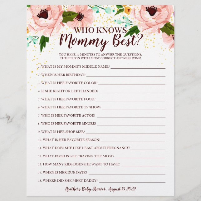 Baby Shower Game Who Knows Mommy Confetti Floral (Front)