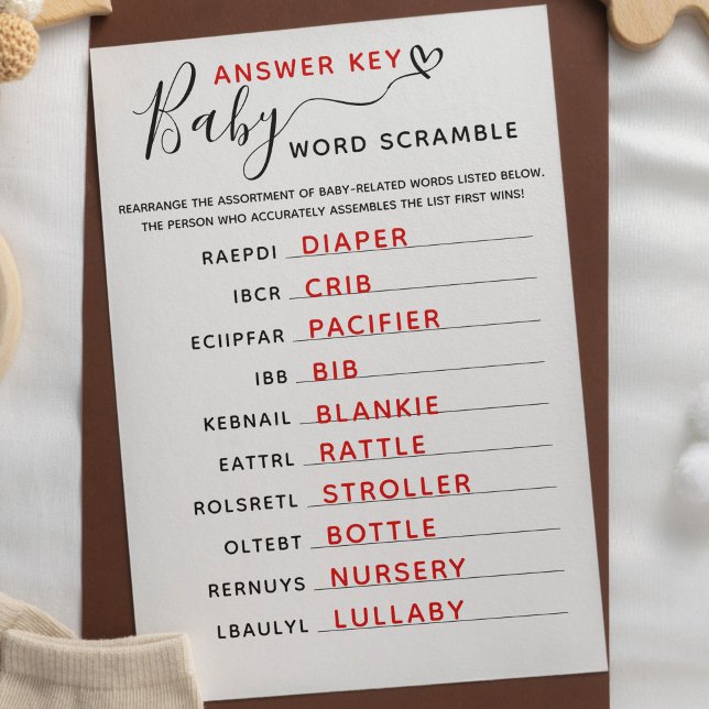 Baby Shower Game Cards - Minimalist Black & White Baby Word Scramble, 30 Cards + Answer Sheet, Gender Neutral Party Fun - View #4