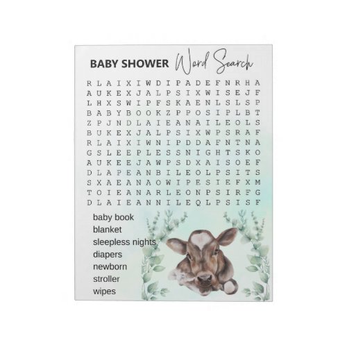Baby Shower Game Word Search Calf Cow  Notepad