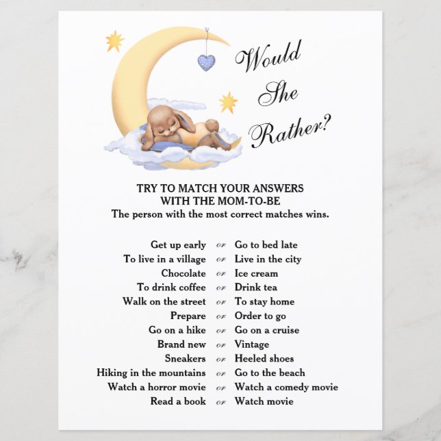 Baby shower game "Would she prefer?" (Front)