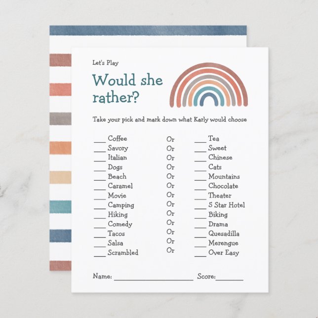 Baby Shower Game Would She Rather Boho Rainbow (Front/Back)