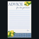 Baby shower games advice for the parents card<br><div class="desc">Baby shower advice for the parents game Amalfi Positano blue tiles and lemons Mediterranean  themed baby shower,  also can be used for a bridal shower - only substitute to "for the bride"</div>