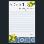 Baby shower games advice for the parents card<br><div class="desc">Baby shower advice for the parents game Amalfi Positano blue tiles and lemons Mediterranean  themed baby shower,  also can be used for a bridal shower - only substitute to "for the bride"</div>