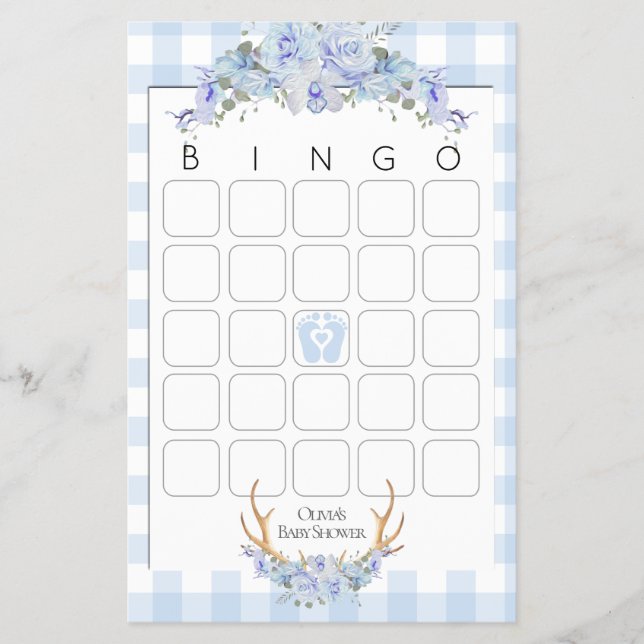 Baby Shower Games Bingo BOHO Baby Shower Blue Flyer (Front)