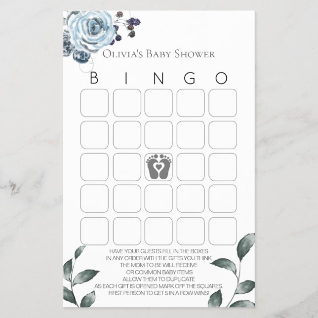 Baby Shower Games Bingo Dusty Blue Rose Flyer (Front)