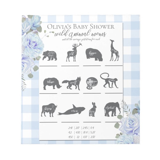 Baby Shower Games Blue Roses Gingham Notepad (Front)
