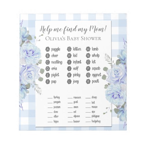 Baby Shower Games Find My Mom Blue Roses Gingham Notepad