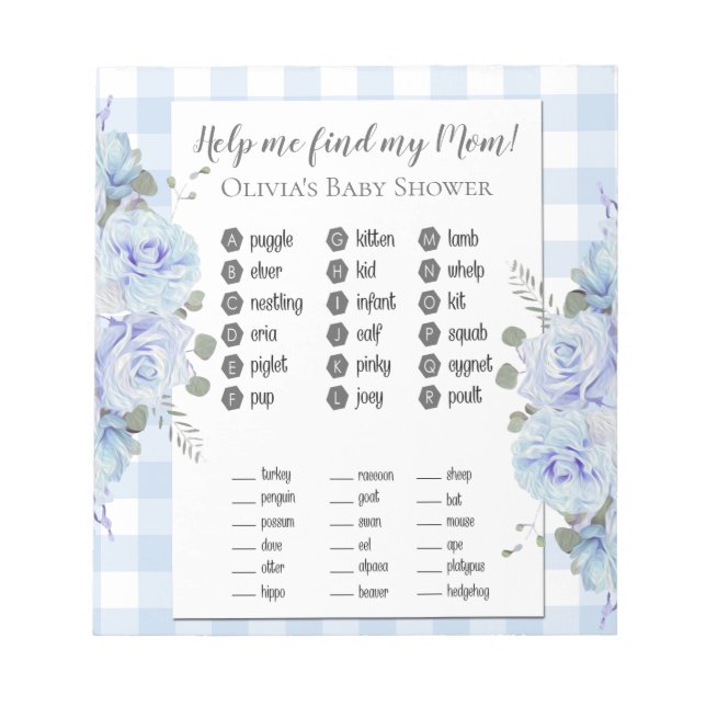 Baby Shower Games Find My Mom Blue Roses Gingham Notepad (Front)