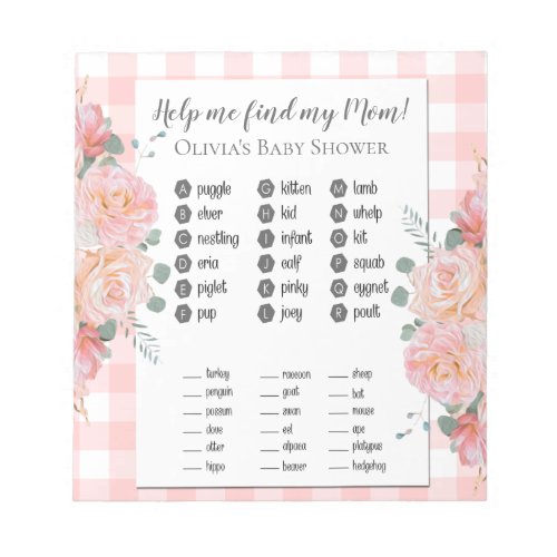 Baby Shower Games Find My Mom Coral  Roses Gingham Notepad