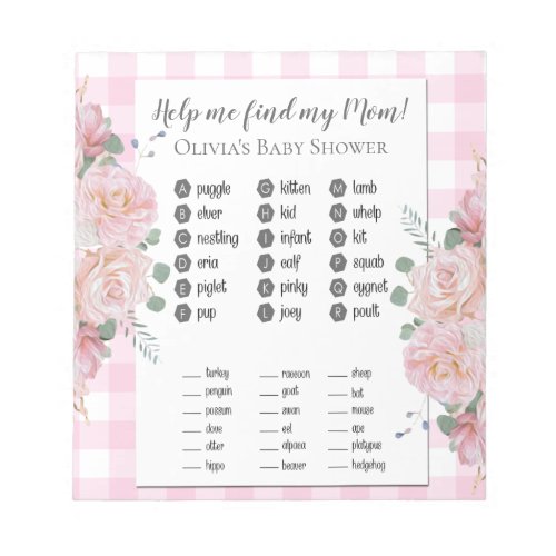 Baby Shower Games Find My Mom Pink Roses Gingham Notepad