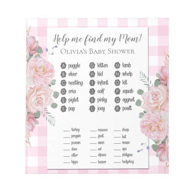 Baby Shower Games Find My Mom Pink Roses Gingham Notepad (Front)
