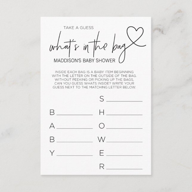 Baby Shower Games Guess Whats In The Bag Game Card (Front)