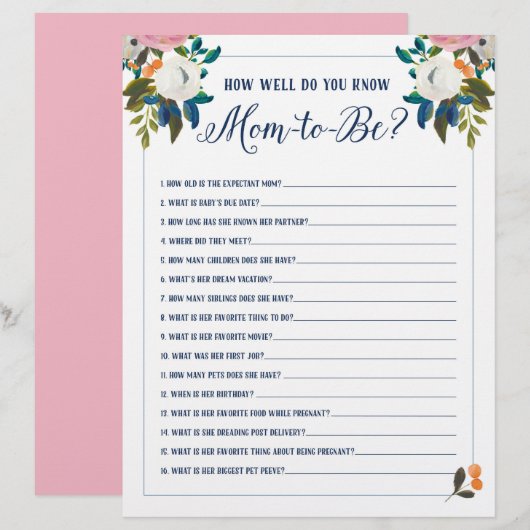 Baby Shower Games How Well Do You Know Mom to Be (Front/Back)