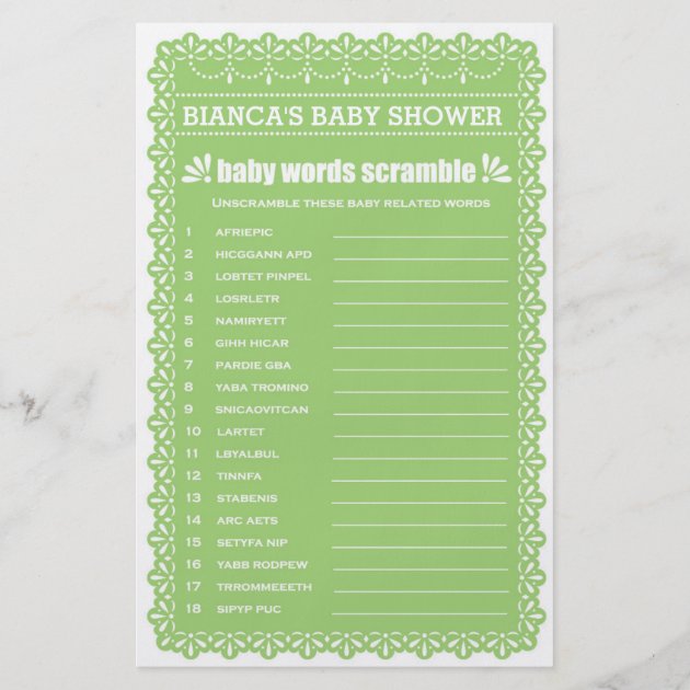 Baby Shower Games In Green Papel Picado Flyer