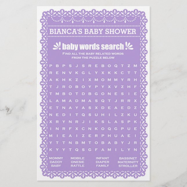 Baby Shower Games in Purple Papel Picado (Front)