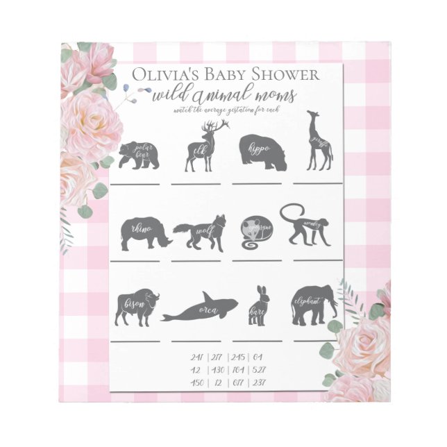 Baby Shower Games Pink Roses Gingham Notepad (Front)