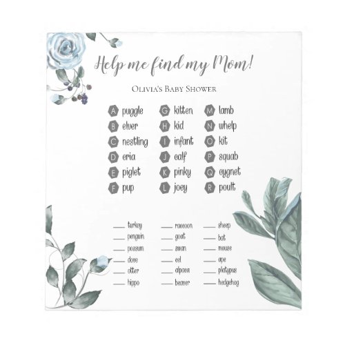 Baby Shower Games Watercolor Dusty Blue Floral Notepad