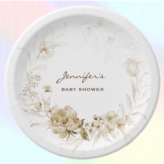 Baby Shower Garden Florals 7-in Sepia Paper Plates (Creator Uploaded)