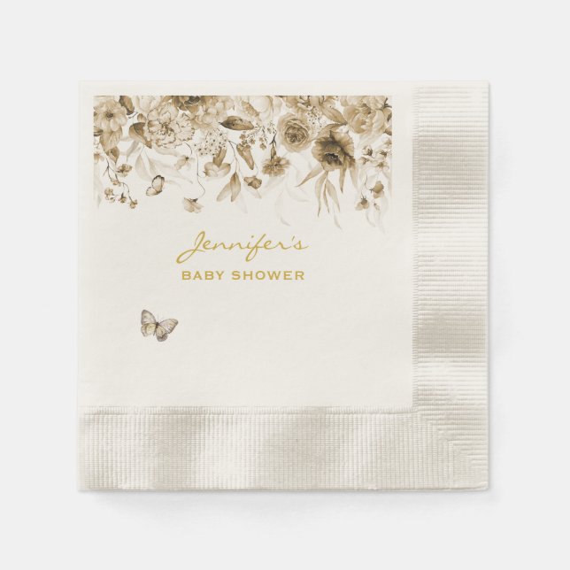 Baby Shower Garden Sepia Florals Coined Cocktail Napkins (Front)