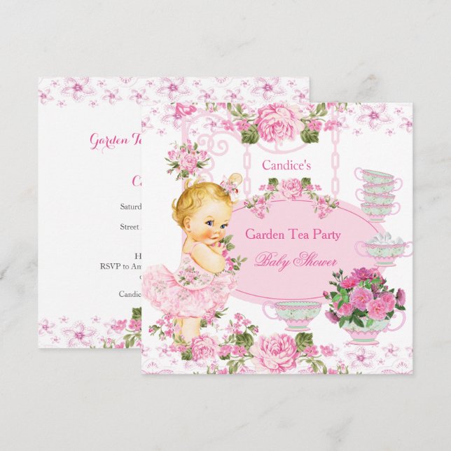 Baby Shower Garden Tea Party Lace Pink Blonde Invitation (Front/Back)