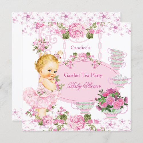 Baby Shower Garden Tea Party Lace Pink Blonde Invitation