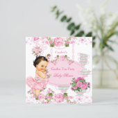 Baby Shower Garden Tea Party Lace Pink Brunette Invitation (Standing Front)