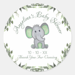 Baby Shower Gender Neutral Greenery Elephant Classic Round Sticker