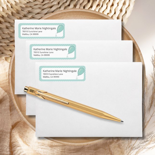 Baby Shower Gender Neutral Mint Green BOHO Label (Baby Shower Mint Green Gender-Neutral Return Address Label with white polka dots, balloon.)