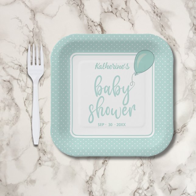 Baby Shower Gender Neutral Mint Green Paper Plates (Baby Shower Gender-Neutral Mint Green Paper Plate with Polka Dots, Balloon, Mother's Name, Date.)