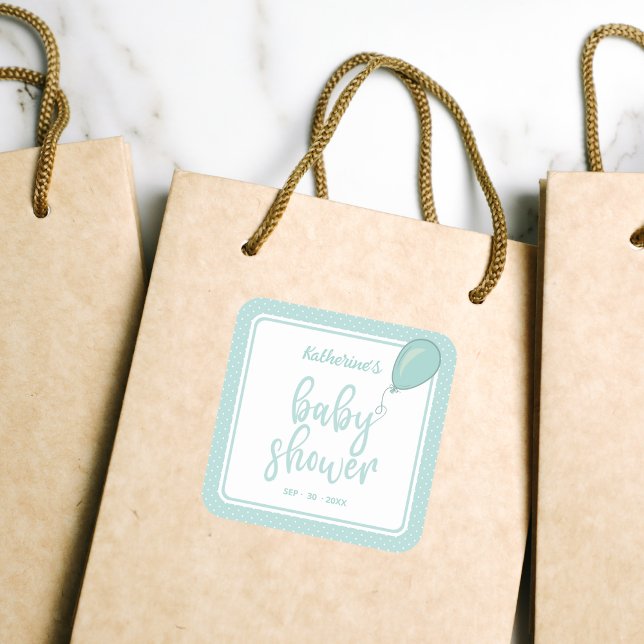 Baby Shower Gender Neutral Mint Green Square Sticker (Baby Shower Gender Neutral Mint Green Square Thank You Sticker with Polka Dots, Mother's Name, Date.)