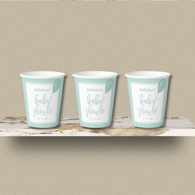 Baby Shower Gender Neutral Pastel Green Paper Cups (Pastel Green Gender Neutral Baby Shower Paper Cups with Polka Dot, Balloon, Mom's Name, Date.)