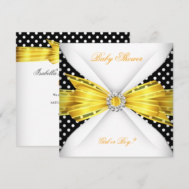 Baby Shower Gender Reveal Black Yellow White Spot Invitation (Front/Back)