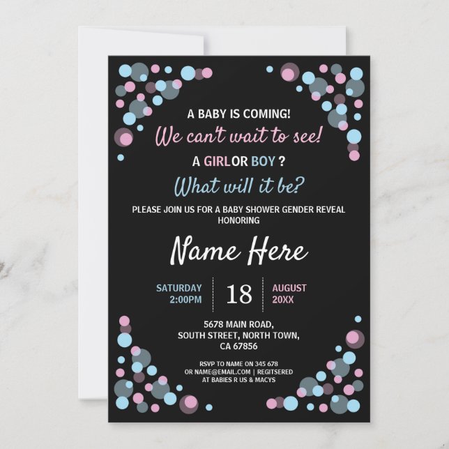 Baby Shower Gender Reveal Pink Blue Dots Invite (Front)
