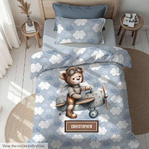 Baby Shower Gift Blue Teddy Bear Pilot Bedding Duvet Cover