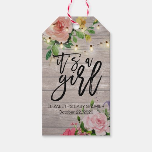 Baby Shower Gift Flowers Rustic Wood String Lights Gift Tags