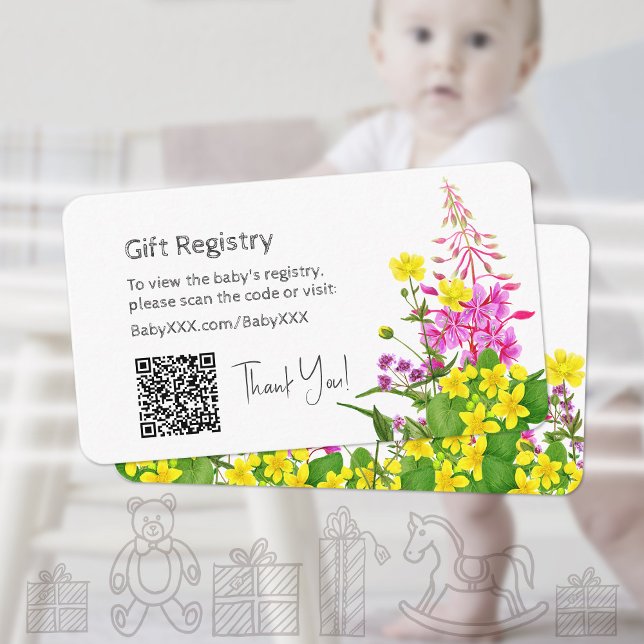 Baby Shower Gift Registry Wildflower QR Code Enclosure Card (Yellow Pink Wildflower Baby Shower Gift Registry Enclosure Card ©Susanne Sachers - Sunny Mind Design)