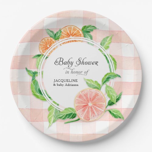Baby Shower Gingham Farm Pink Stripe Citrus Orange Paper Plates