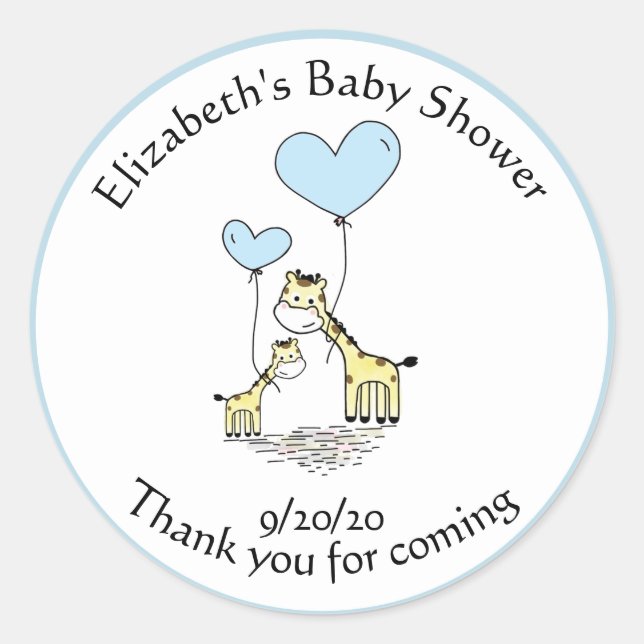 Baby Shower Giraffe Blue Balloon Thank you Favor Classic Round Sticker (Front)