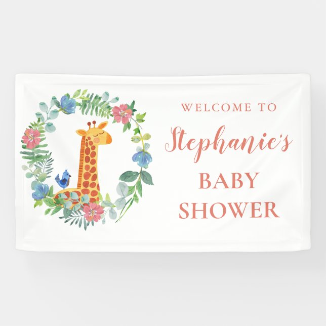 Baby Shower Giraffe Floral Wreath Personalized Banner (Horizontal)
