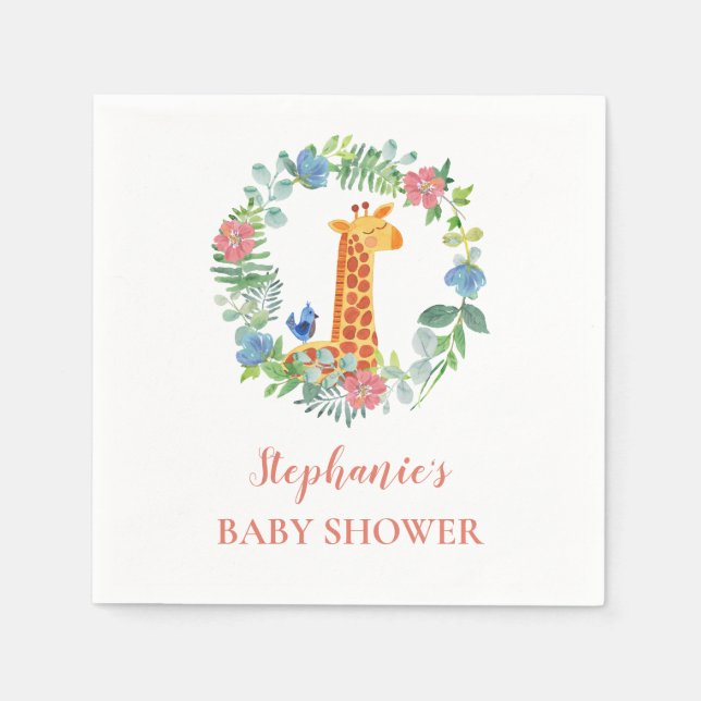 Baby Shower Giraffe Floral Wreath Personalized Napkins (Front)
