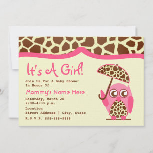 Baby Shower - Giraffe Print & Pink Owl & Umbrella Invitation
