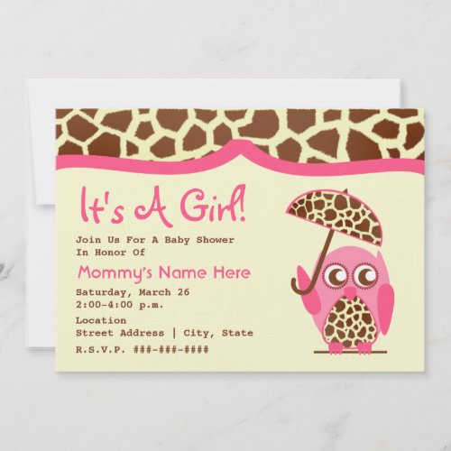 Baby Shower - Giraffe Print &amp; Pink Owl &amp; Umbrella Invites