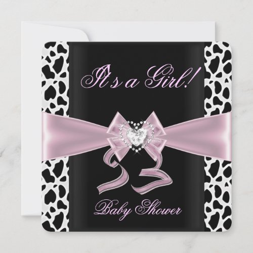 Baby Shower Girl Baby Pink Black White Cow Print 2 Invitation