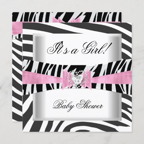 Baby Shower Girl Baby Pink Black White Zebra Invitation