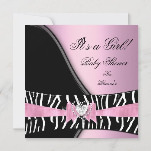 Baby Shower Girl Baby Pink Black Zebra Invitation